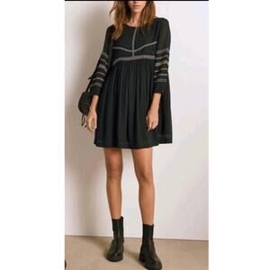 BA&SH Black Embroidered Columebe Swing 3/4 Sleeve Mini Dress size Small NWT